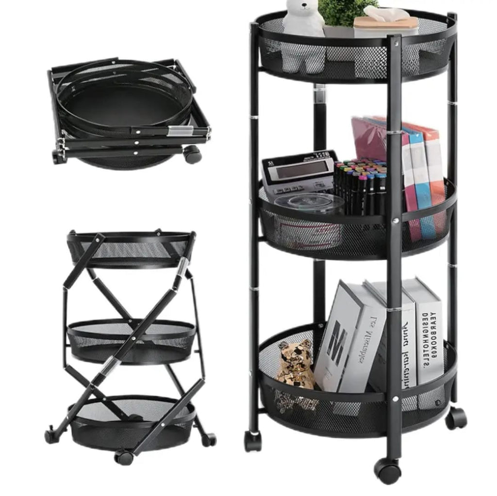 3-Tier Metal Kitchen Storage Rack with Wheels – Foldable Multifunctional Fruit & Vegetable Organizer