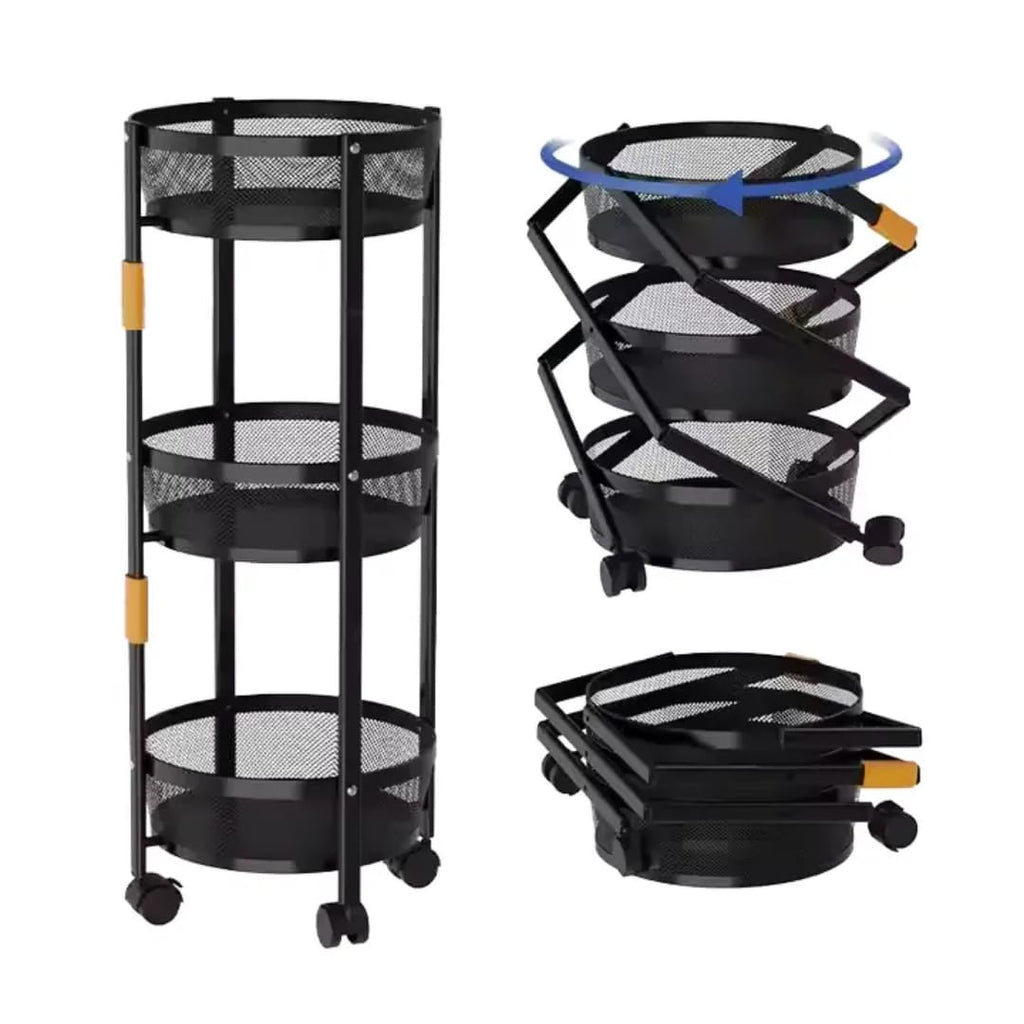 3-Tier Metal Kitchen Storage Rack with Wheels – Foldable Multifunctional Fruit & Vegetable Organizer