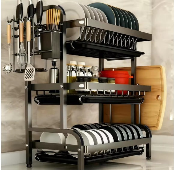 3-Tier Dish Drying Rack with Drainboard – Large Rust-Proof Kitchen Dish Drainer with Utensil Holder