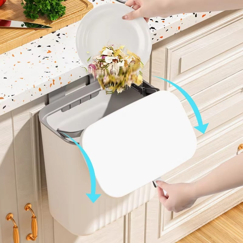 Wall Mounted Press Trash Can with Lid – Hanging Kitchen & Bathroom Garbage Bin