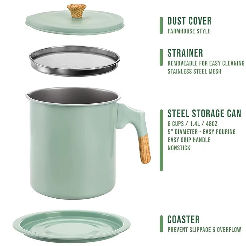 Bacon Grease Container with Strainer – 1.4L Stainless Steel Oil Filter Pot