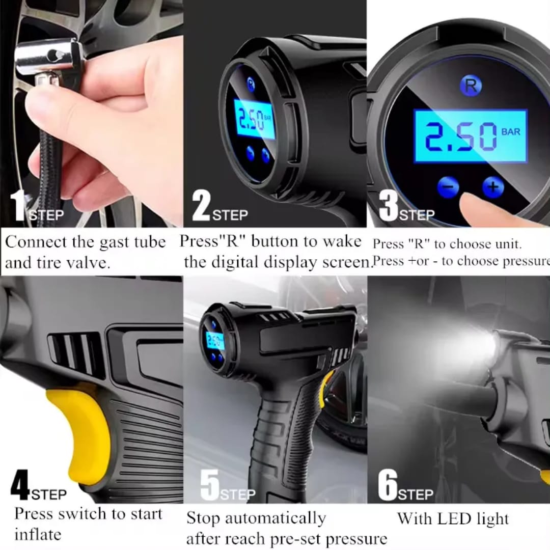 Mini Cordless Tire Inflator with LCD Display & LED Light