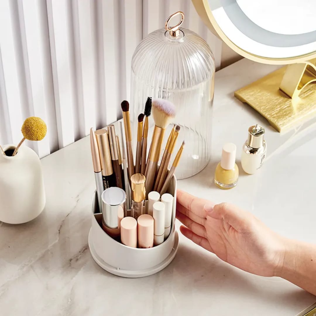 360° Rotating Makeup Brush Holder – Cosmetic Storage Box with Cover