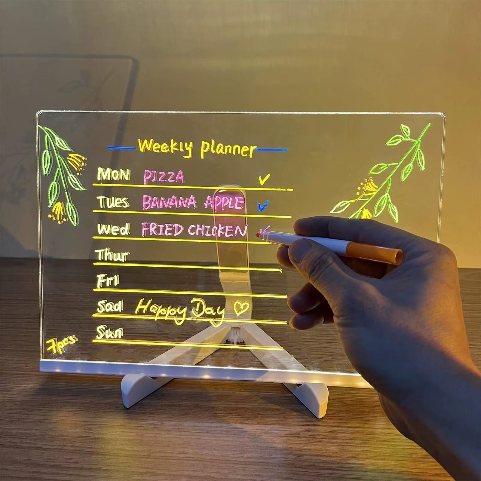 LED Message Board / Stand with 7-Color Pen – Light Emitting Dry Erase Notepad