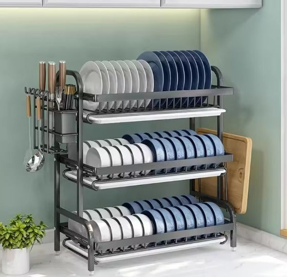 3-Tier Dish Drying Rack with Drainboard – Large Rust-Proof Kitchen Dish Drainer with Utensil Holder