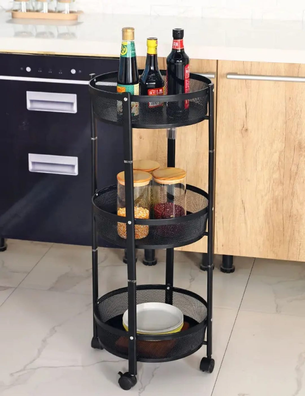3-Tier Metal Kitchen Storage Rack with Wheels – Foldable Multifunctional Fruit & Vegetable Organizer