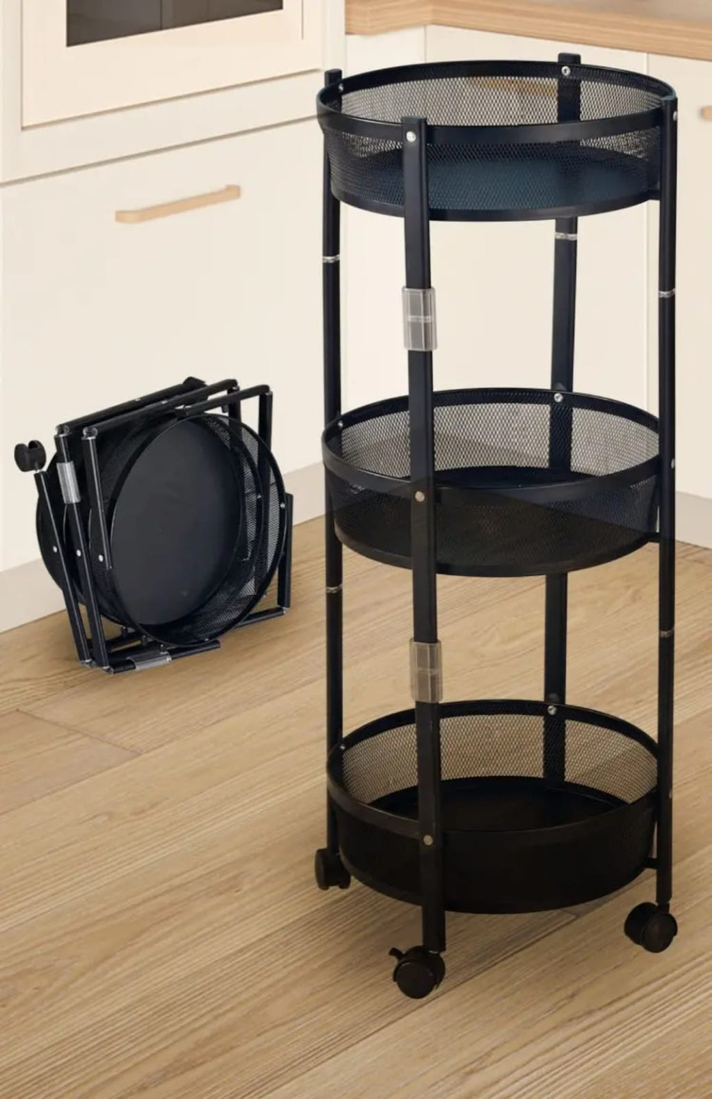 3-Tier Metal Kitchen Storage Rack with Wheels – Foldable Multifunctional Fruit & Vegetable Organizer